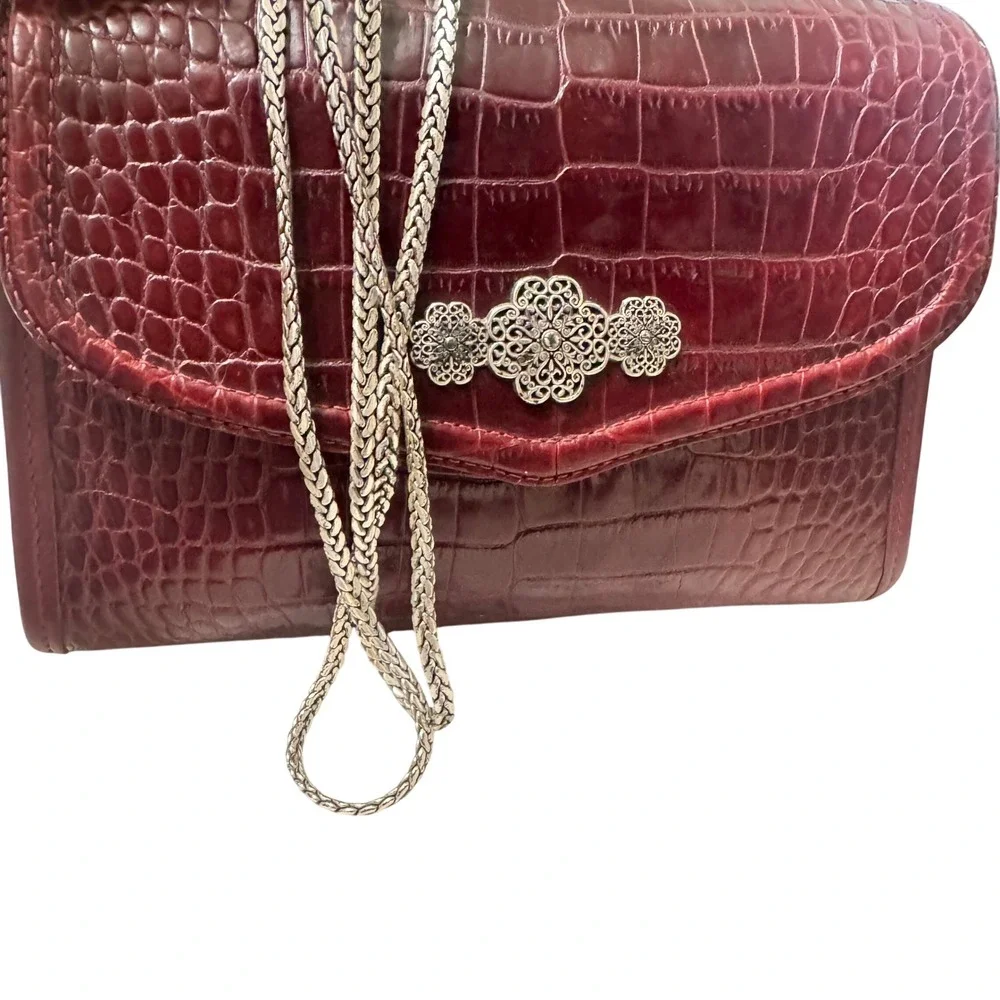 Brighton‎ Crossbody Bag Womens Small Burgundy Croco Leather Excellent Filigree